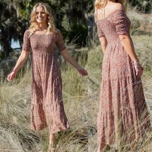 NATURAL LIFE Daisy Tiered Midi Dress Rusty Floral Smocked Cottagecore Boho Sz M